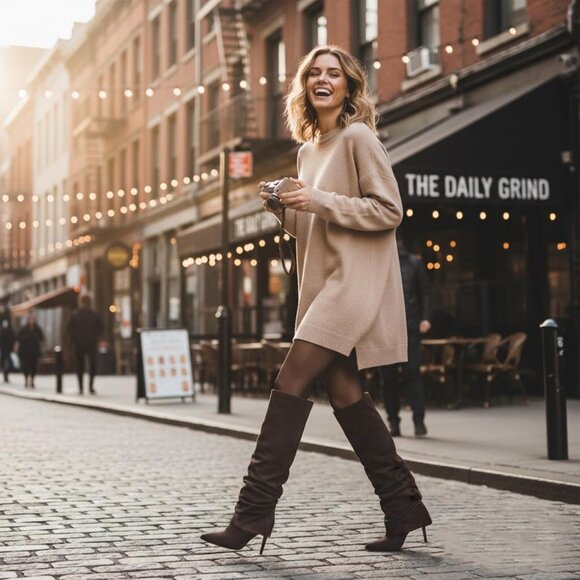 Women's Brown-Suede Knee High Fold Over Wide Calf Pointed Toe Long Heel Boot - Picture 4 of 6